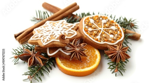 Christmas cookies, pine branches, and orange slices with cinnamon sticks 