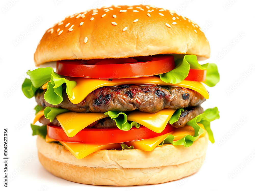 A delicious cheeseburger stacked with fresh lettuce, tomatoes, and melted cheese on a sesame seed bun A delicious cheeseburger stacked with fresh lettuce, tomatoes, and melted cheese on a sesame seed bun