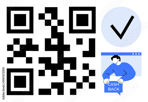 QR code with checkmark signifies online security and verification. Person holding cashback symbolizes financial transactions. Ideal for online payments financial security cashback offers mobile photo