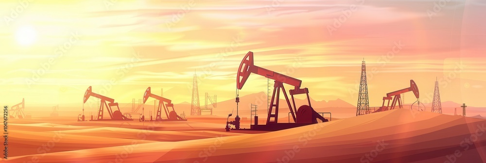 Fototapeta premium Oil drilling derricks work diligently in a desert oilfield as sunlight casts a warm glow, showcasing crude oil production efforts. Generative AI