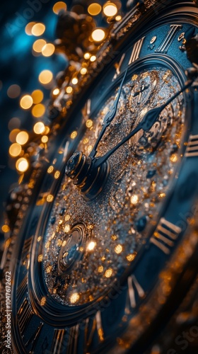 A close up view of an ornate clock face adorned with golden details and blurr...