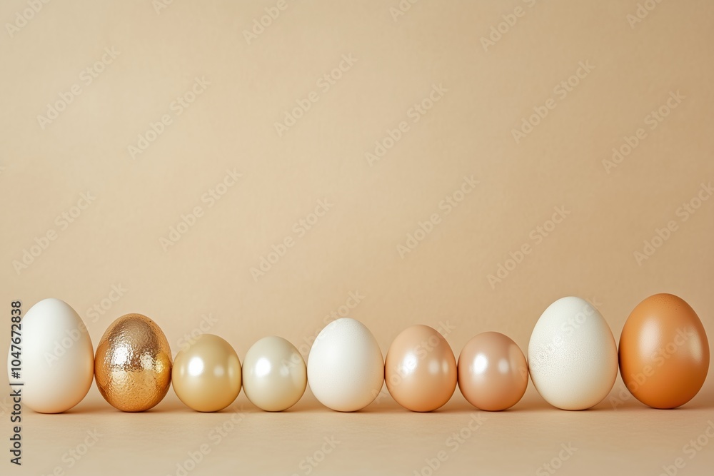 A row of eggs with one of them being gold A row of eggs with one of them being gold