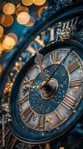 A close up view of an ornate clock face adorned with golden details and blurr...