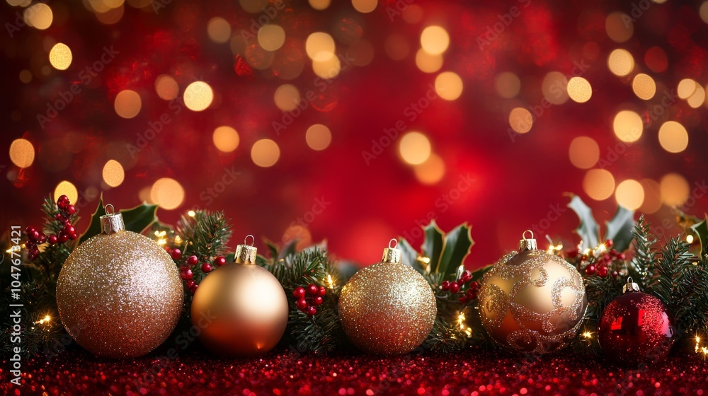 Red Christmas ornament background: Red background adorned with gold and silver Christmas ornaments, sparkling lights, and holly leaves
