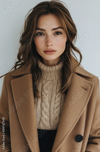 A woman wearing a stylish beige coat and cable knit sweater poses indoors wit...