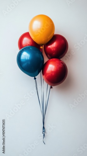 A colorful arrangement of balloons tied together, hanging on a white wall ind...