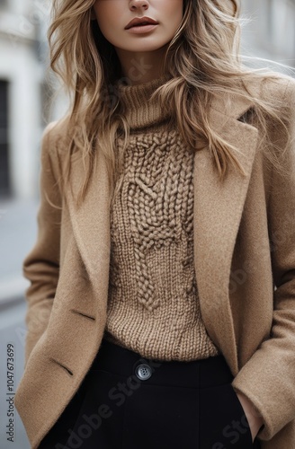 A woman wearing a stylish beige coat and cable knit sweater poses indoors wit...