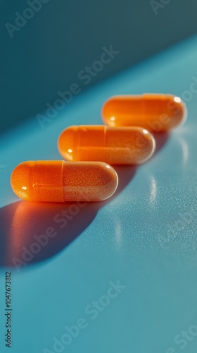 Yellow capsules arranged on a blue surface with soft shadows highlighting the...