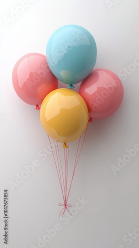 A colorful arrangement of balloons tied together, hanging on a white wall ind...