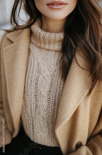 A woman wearing a stylish beige coat and cable knit sweater poses indoors wit...