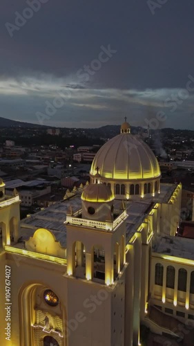 Drone capturing the Metropolitan Cathedral of San Salvador during a stunning sunset in the Historic Center of San Salvador El Salvador