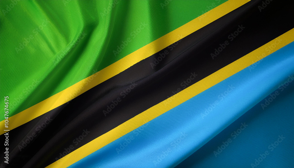 United Republic of Tanzania flag waving in the wind. Close up of United Republic of Tanzania banner blowing, soft and smooth silk. United Republic of Tanzania flag waving in the wind. Close up of United Republic of Tanzania banner blowing, soft and smooth silk.