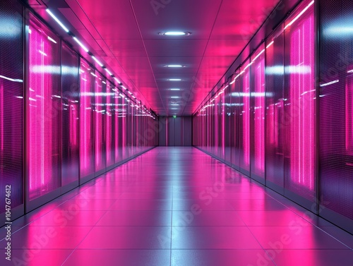 A long hallway with pink neon lights illuminating the walls and floor.