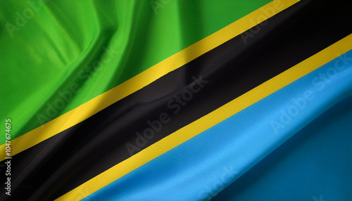 United Republic of Tanzania flag waving in the wind. Close up of United Republic of Tanzania banner blowing, soft and smooth silk.