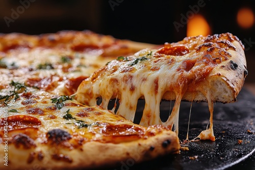 Hot freshly baked pepperoni pizza with melting cheese served from a wooden se...