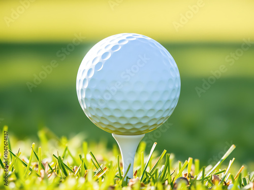 A close-up view of a white golf ball resting on a tee in a lush green field during a sunny day photo