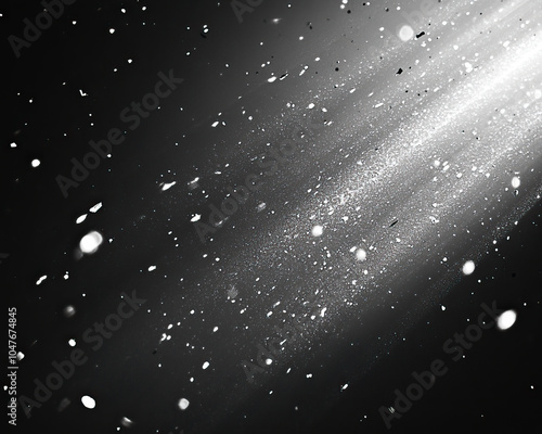 Dark grey, white and black beautiful unique abstract texture with dust particles suspended and floating. Light leak from the side, analog design layer, star and space underwater effect, rays of light