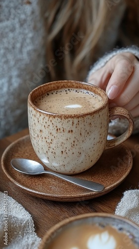 A hand holding a warm cup of coffee on a wooden table in a cozy cafe during m...