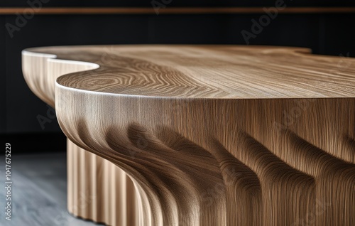 Unique handcrafted wooden table with intricate wave patterns, showcased in a ...