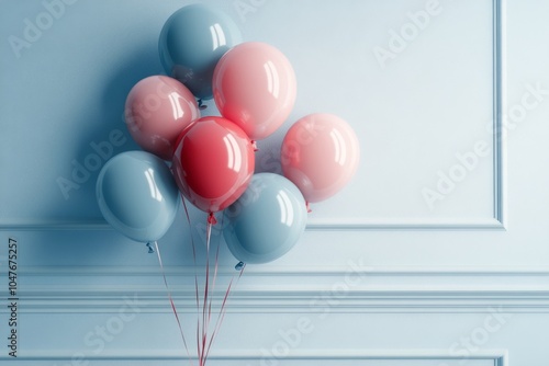 Vibrant collection of colorful balloons against textured wall in bright dayli...