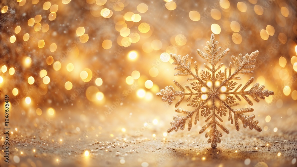 Shimmering snowflake decoration with golden bokeh background for festive atmosphere Shimmering snowflake decoration with golden bokeh background for festive atmosphere