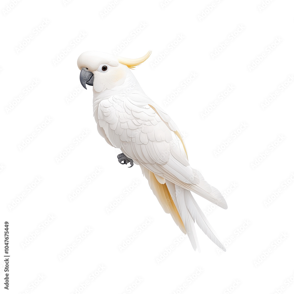 A beautiful white cockatoo with a striking yellow crest against a white isolated background. A beautiful white cockatoo with a striking yellow crest against a white isolated background.