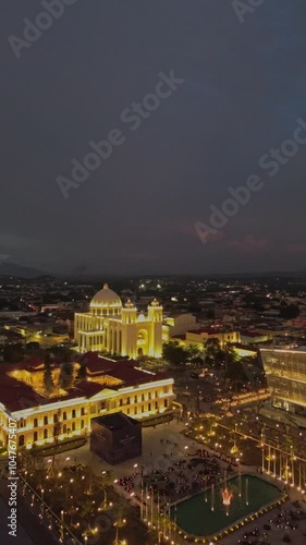 Drone capturing the panorama of the Historic Center of San Salvador during a beautiful sunset in San Salvador El Salvador