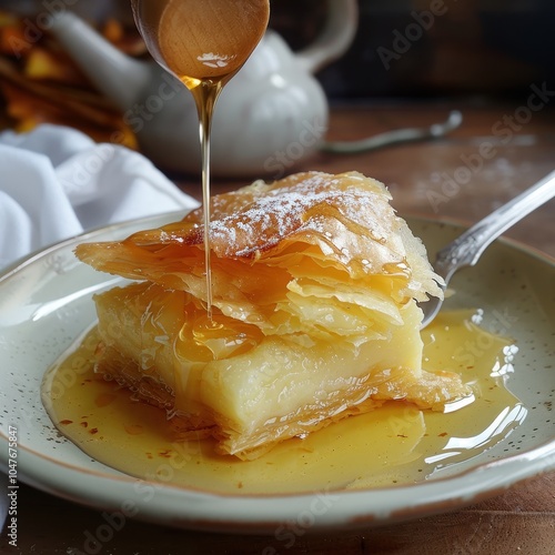 A serving of galaktoboureko, a Greek custard pie wrapped in crispy filo pastry and drizzled with honey syrup photo