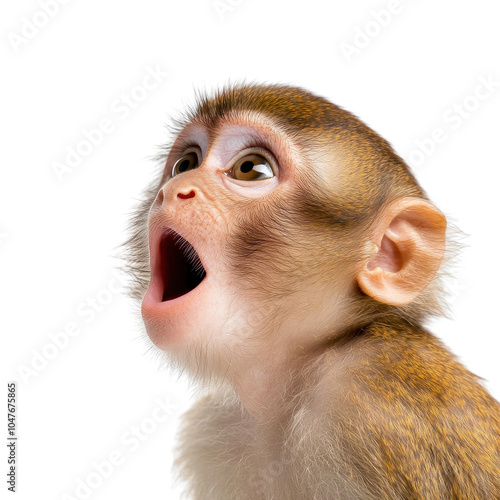 A monkey with an open mouth, showcasing its expressive features against a white isolated background. photo