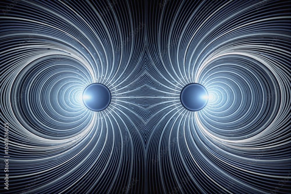 Fototapeta premium Dual spheres with flowing magnetic field lines in a sleek abstract design