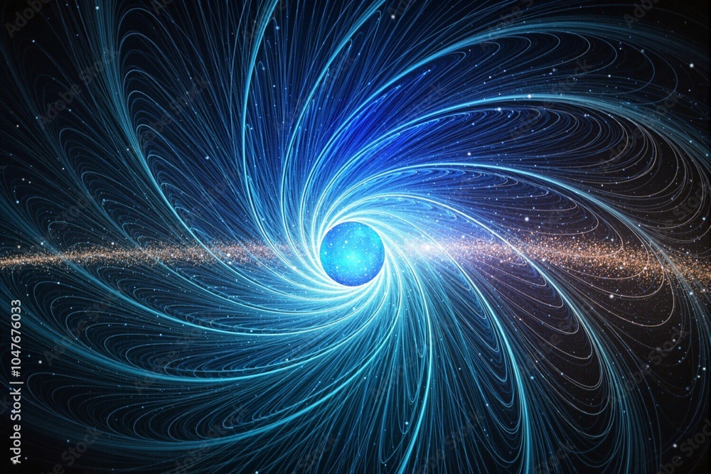 Dynamic swirling magnetic field lines converging into a bright central sphere in space Dynamic swirling magnetic field lines converging into a bright central sphere in space