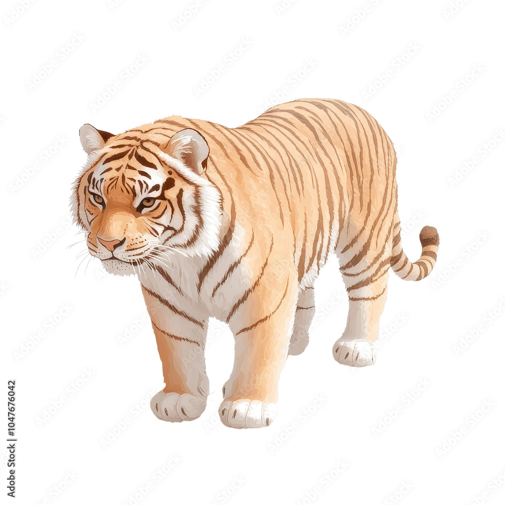 Obraz premium A detailed illustration of a tiger standing gracefully on a white isolated background.