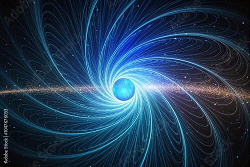 Dynamic swirling magnetic field lines converging into a bright central sphere in space