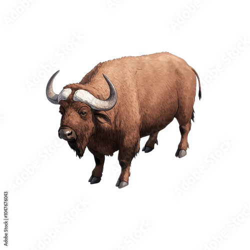 A detailed illustration isometric of a buffalo standing against a white isolate background.