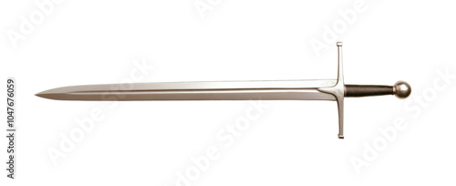 a medieval sword with a shiny blade and intricate hilt, isolated on a white background.
