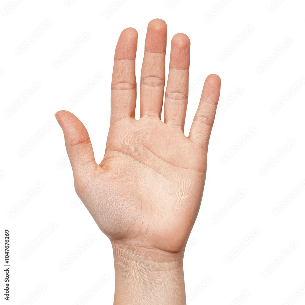 A human hand raised with fingers extended, isolated on a white background. A human hand raised with fingers extended, isolated on a white background.