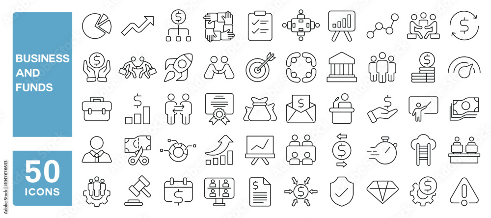 Set of 50 line icons related to business and funds, investment, startup, funding, investor, company, money, gain, Editable stroke. Vector illustration Set of 50 line icons related to business and funds, investment, startup, funding, investor, company, money, gain, Editable stroke. Vector illustration