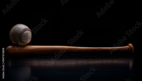 Baseball bat and ball on black background. Sports equipment
