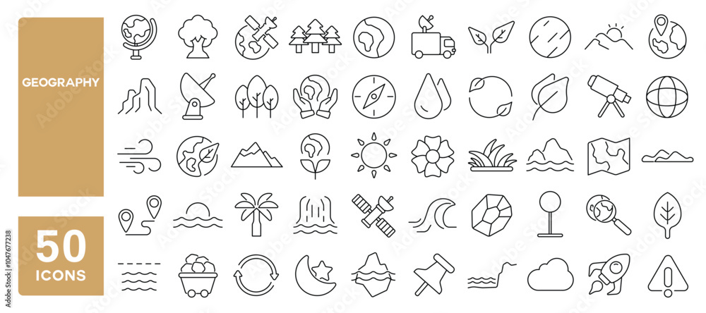 Set of 50 line icons related to geography, globe, earth, nature, navigation, world, planet, place, area, Editable stroke. Vector illustration Set of 50 line icons related to geography, globe, earth, nature, navigation, world, planet, place, area, Editable stroke. Vector illustration