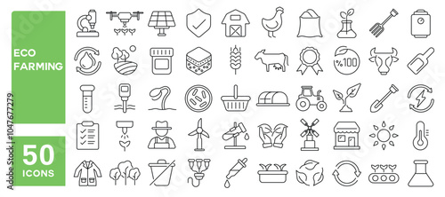 Set of 50 line icons related to eco farming, agriculture, ecology, plantation, recyclable, clean, science, agronomy, Editable stroke. Vector illustration