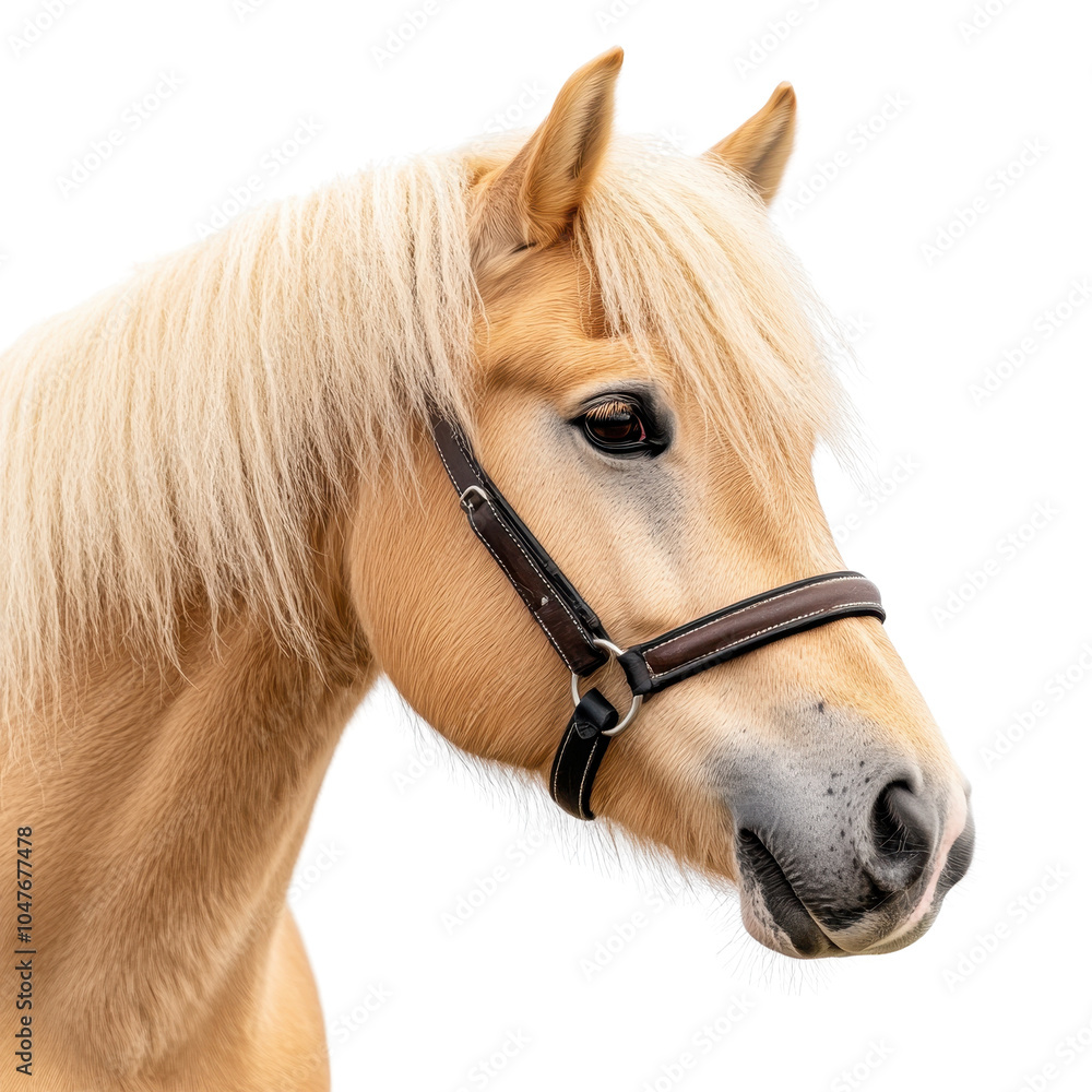 Obraz premium Beautiful horse portrait with a soft mane, isolated on a white background.