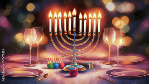 Centerpiece traditional menorah with lit candles, colorful Dreidel game,  wine glasses, beautifully set dinner table, over bokeh lights room and blurry background, Jewish festival of lights photo