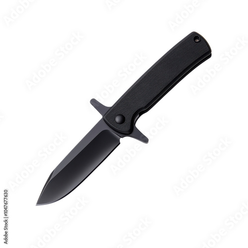 Black folding knife with sharp blade, isolated on white background. photo