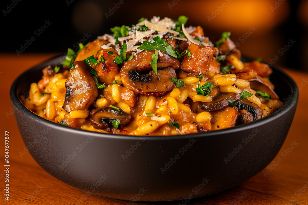 Creamy mushroom risotto topped with fresh parsley and grated parmesan, offering a comforting and flavorful autumn meal Creamy mushroom risotto topped with fresh parsley and grated parmesan, offering a comforting and flavorful autumn meal