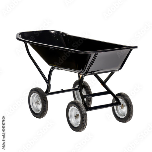 Black wheelbarrow on white isolate background ready for gardening and construction tasks.