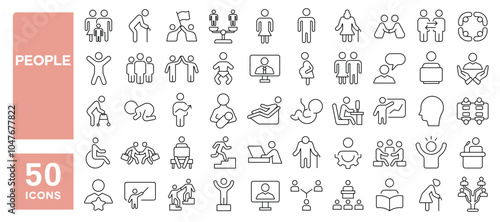 Set of 50 line icons related to people, community, group, team, family, old, young, children, relationship, Editable stroke. Vector illustration