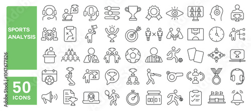 Set of 50 line icons related to sports analysis, tactics, plan, champion, winners, team, studio, players, commentator, Editable stroke. Vector illustration