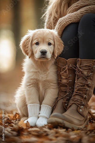 Cute golden retriever puppy sitting beside a person in cozy boots among autum...