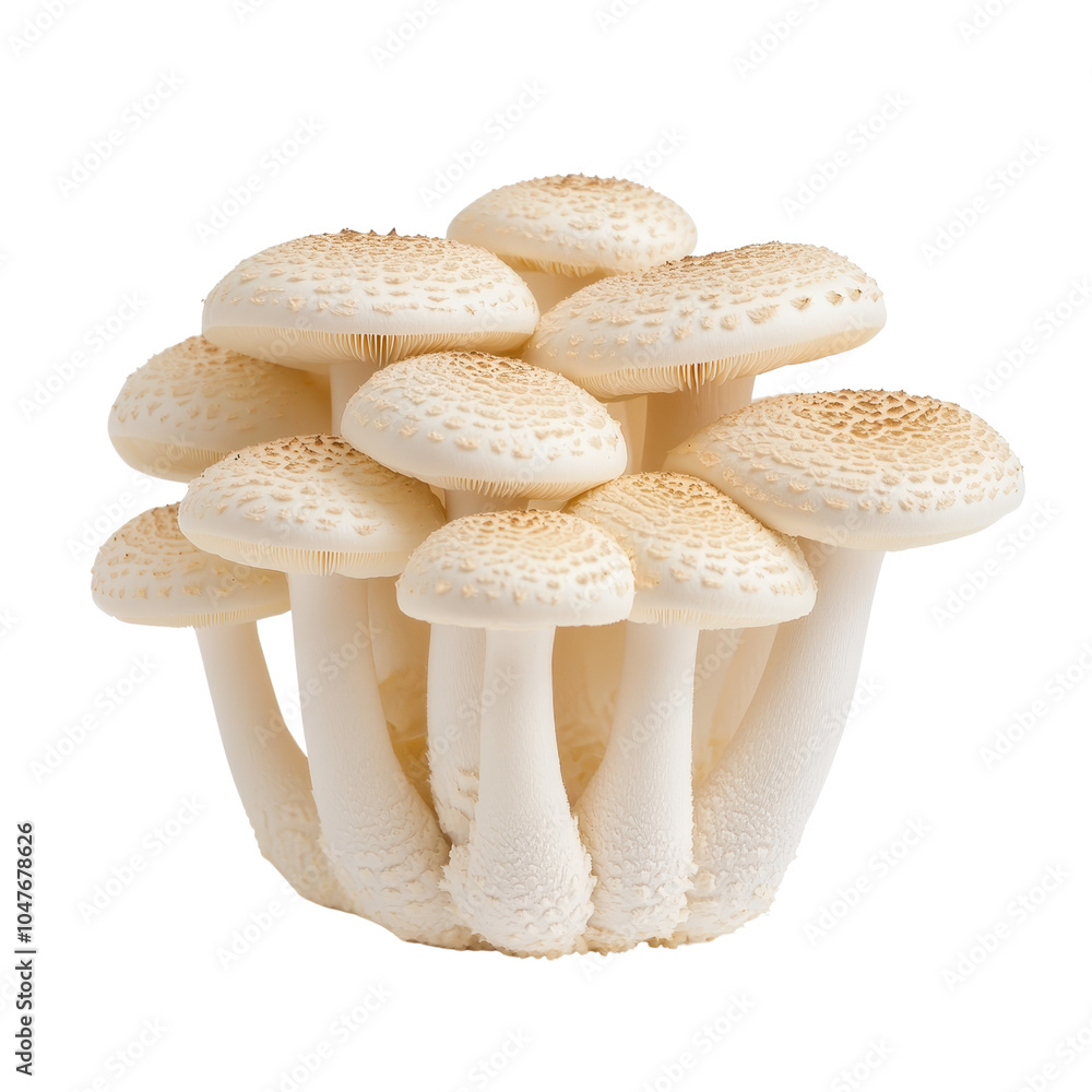 Cluster of elegant white mushrooms on a white isolated background. Cluster of elegant white mushrooms on a white isolated background.