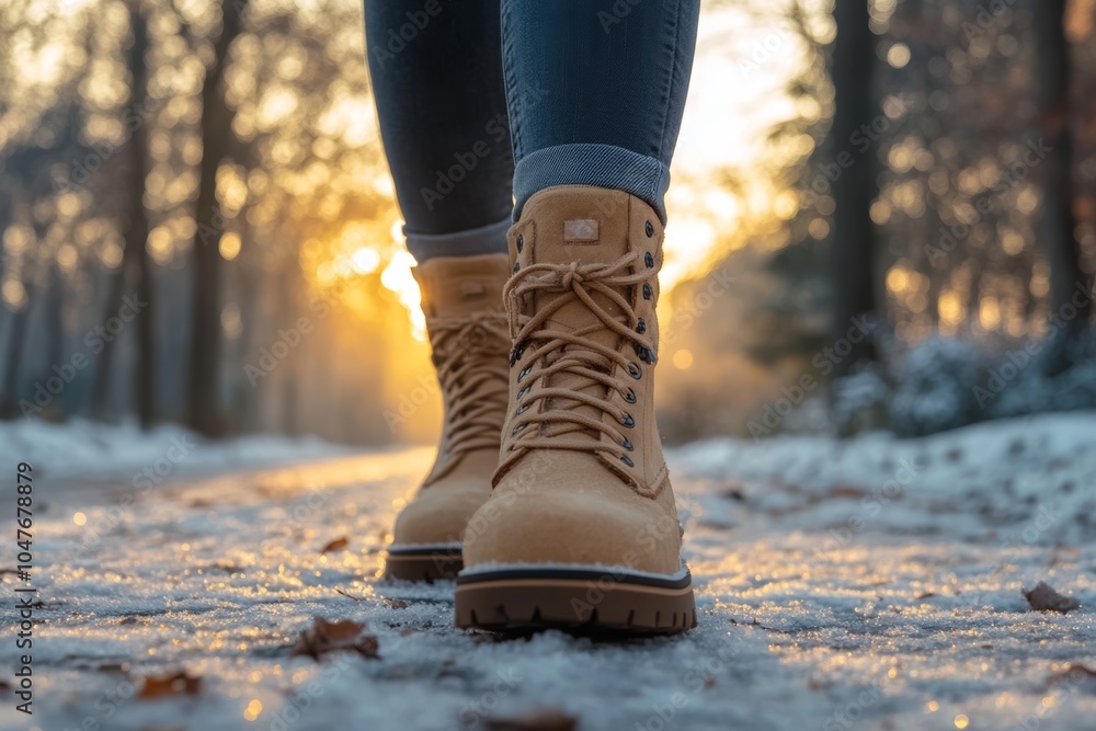 A person enjoys a peaceful winter walk on a snowy path during golden hour while wearing warm boots for comfort A person enjoys a peaceful winter walk on a snowy path during golden hour while wearing warm boots for comfort